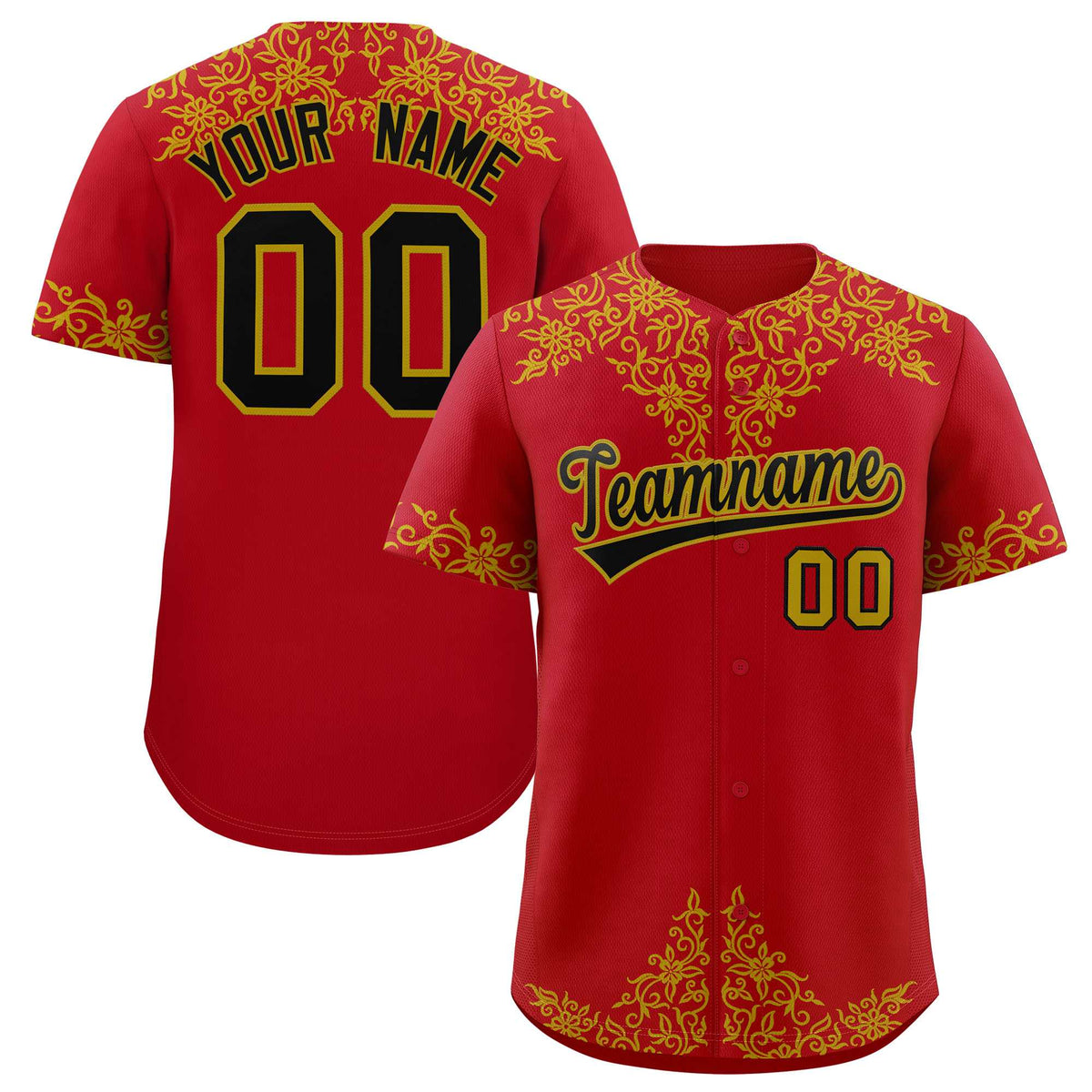 Custom Red Old Gold Baroque Style Personalized Baseball Jersey