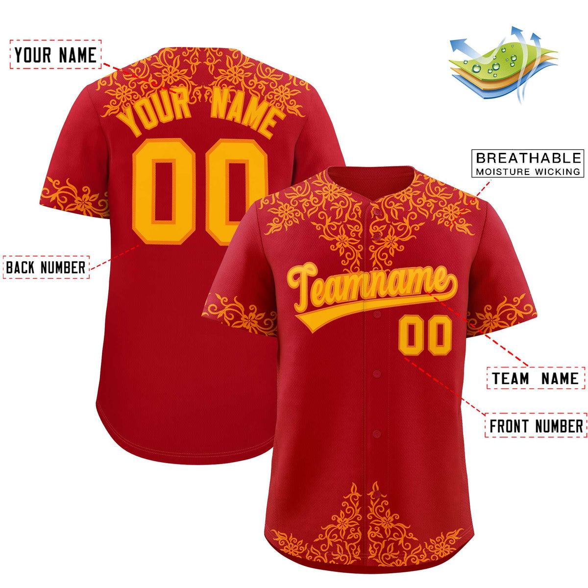 Custom Red Yellow Baroque Style Personalized Baseball Jersey Limited