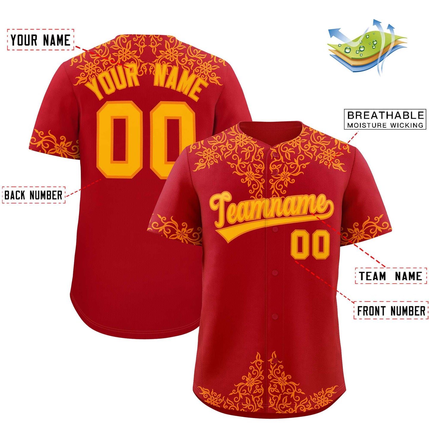 Custom Red Yellow Baroque Style Personalized Baseball Jersey Limited