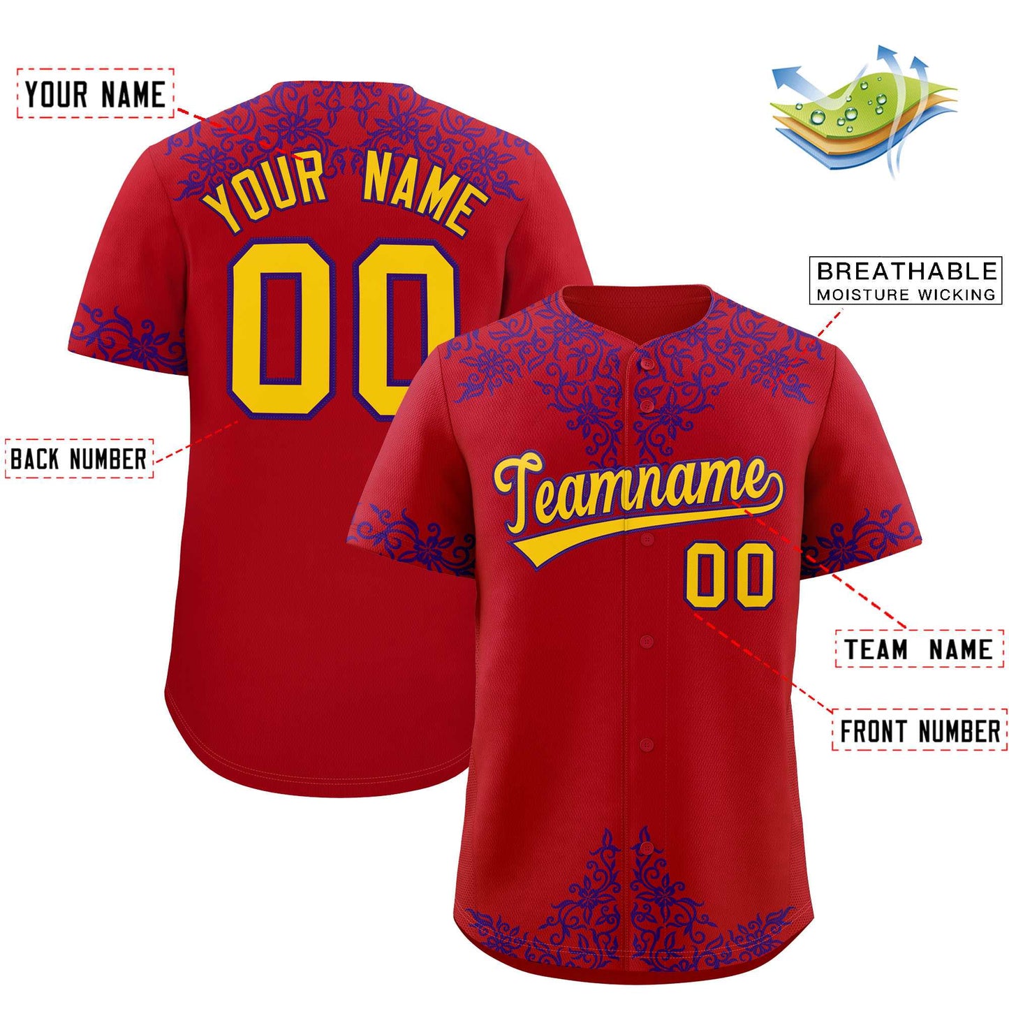 Custom Red Purple Baroque Style Personalized Baseball Jersey Limited