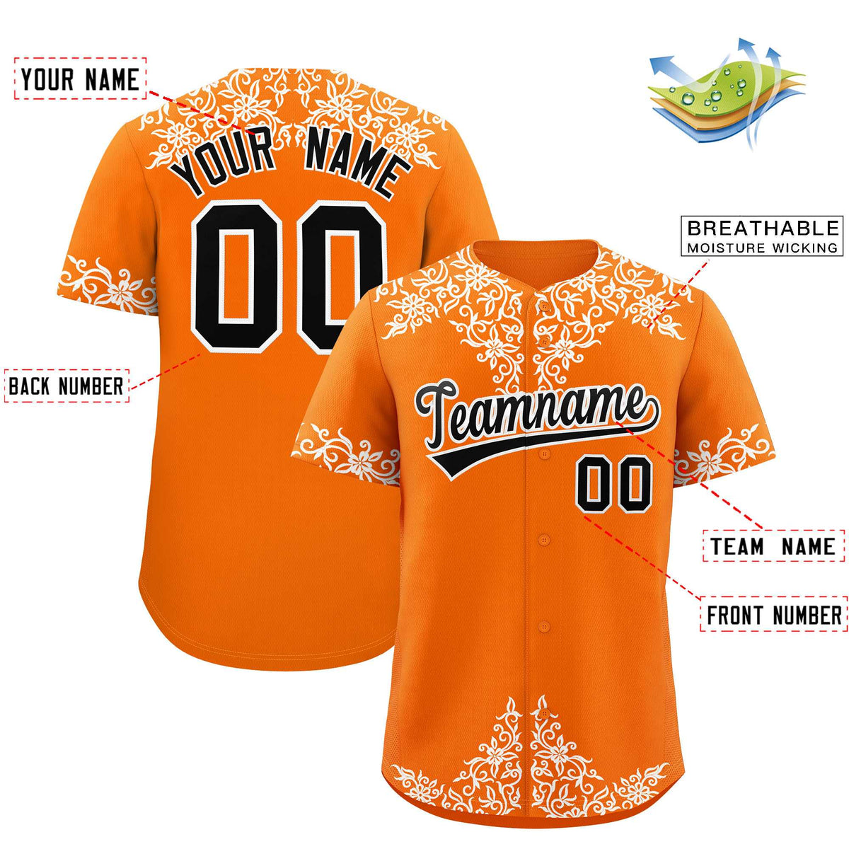 Custom Orange White Baroque Style Personalized Baseball Jersey Limited