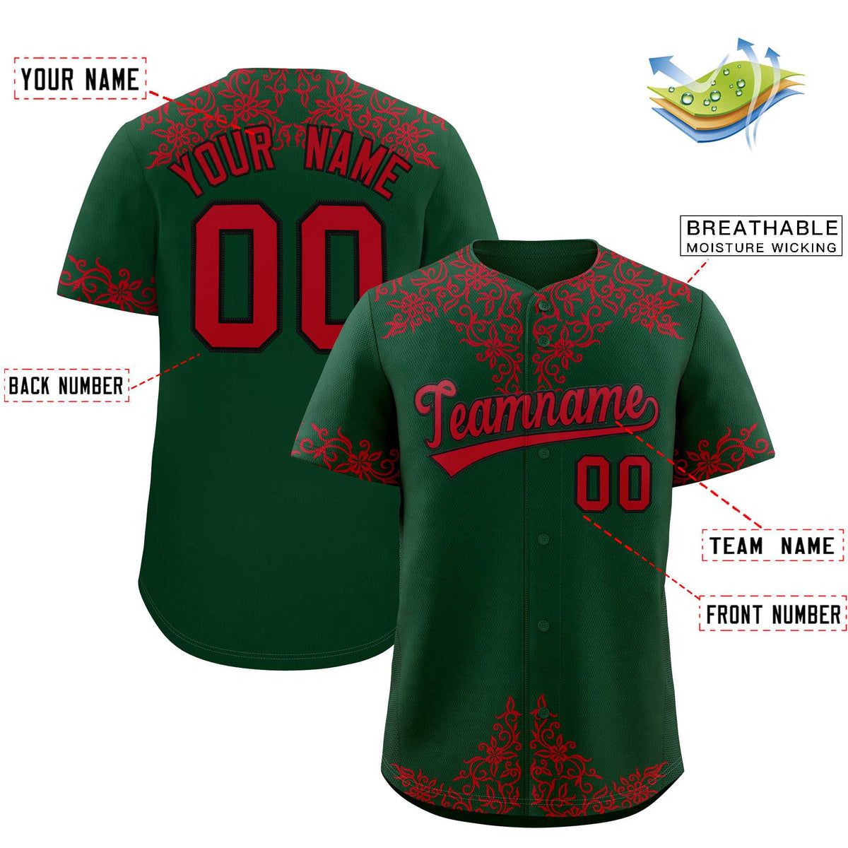 Custom Green Red Baroque Style Personalized Baseball Jersey Limited
