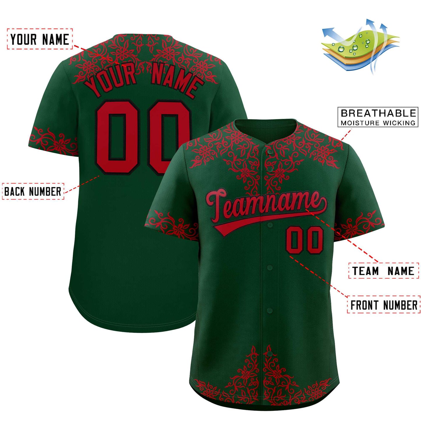 Custom Green Red Baroque Style Personalized Baseball Jersey Limited