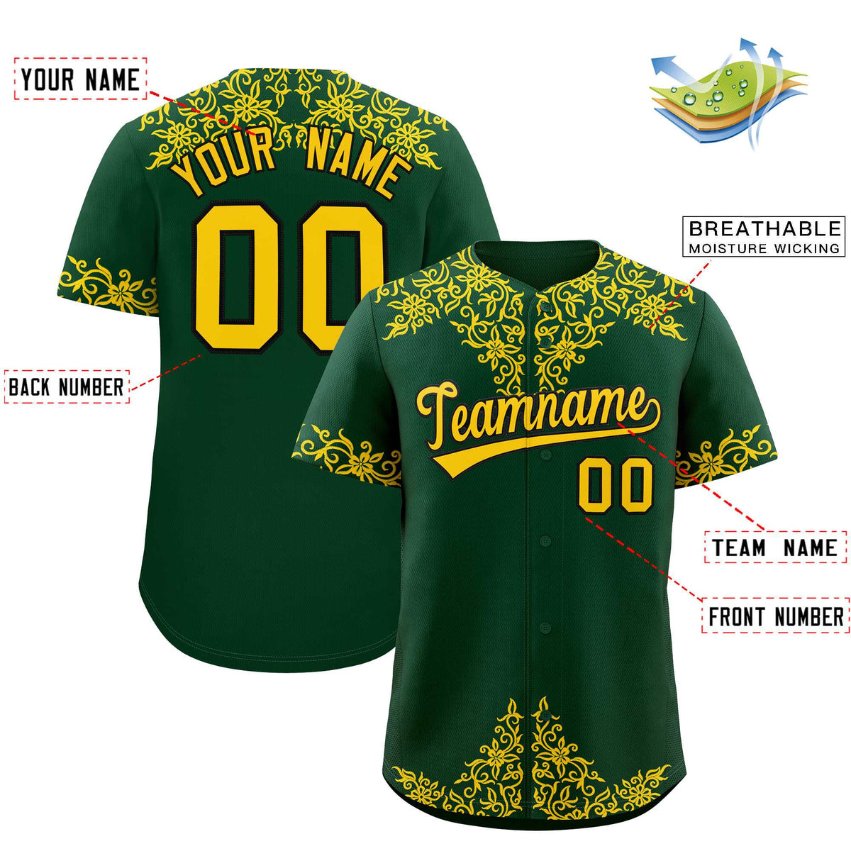 Custom Green Gold Baroque Style Personalized Baseball Jersey Limited