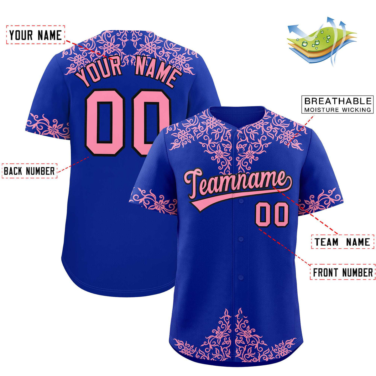 Custom Royal Light Pink Baroque Style Personalized Baseball Jersey Limited