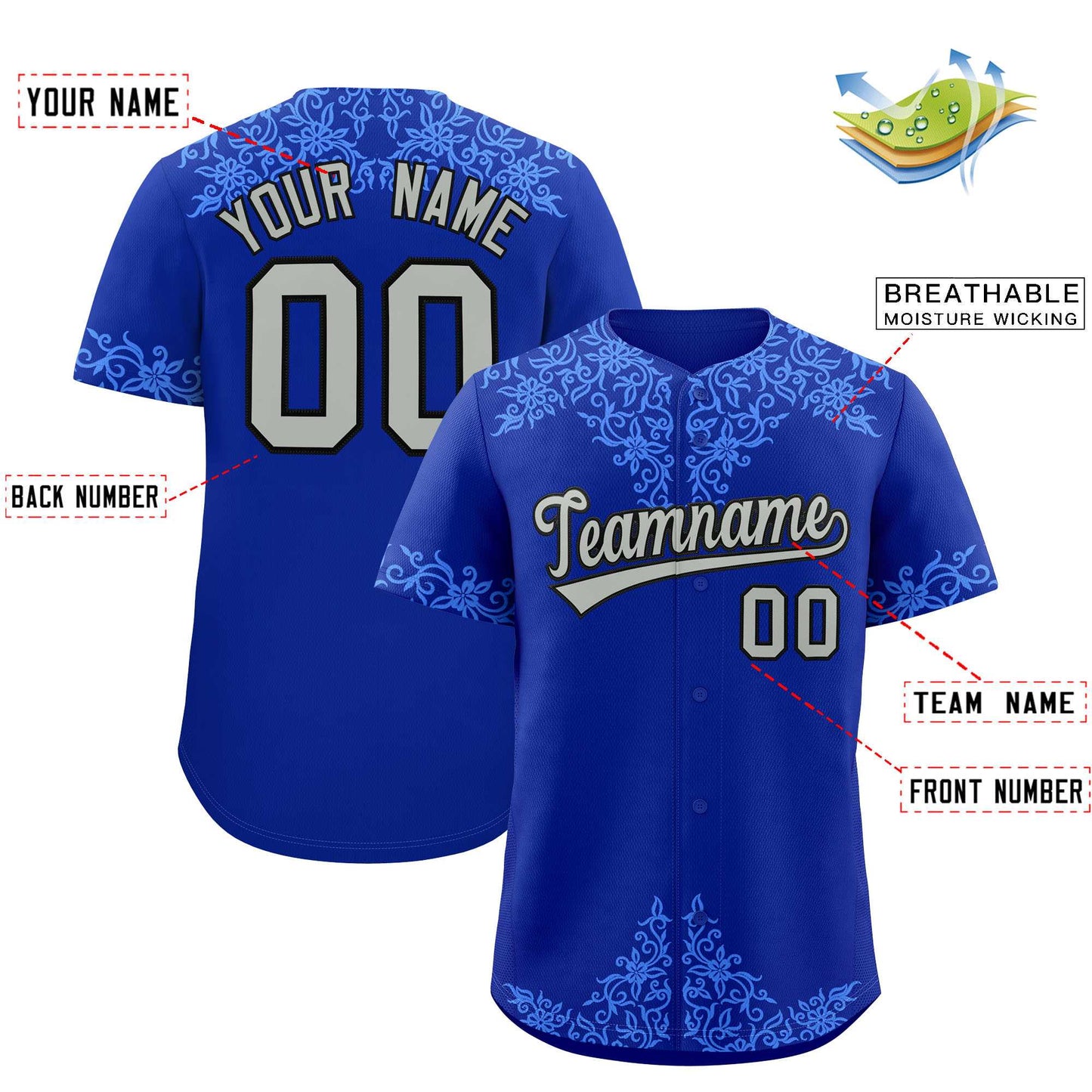 Custom Royal Powder Blue Baroque Style Personalized Baseball Jersey Limited