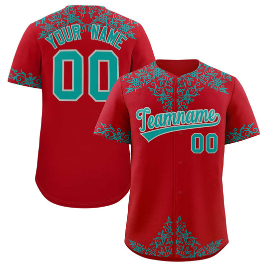 Custom Red Teal Baroque Style Personalized Baseball Jersey