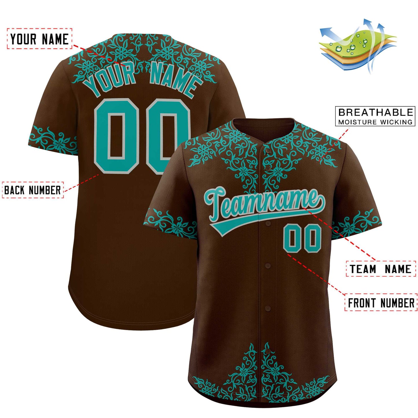 Custom Brown Teal Baroque Style Personalized Baseball Jersey Limited