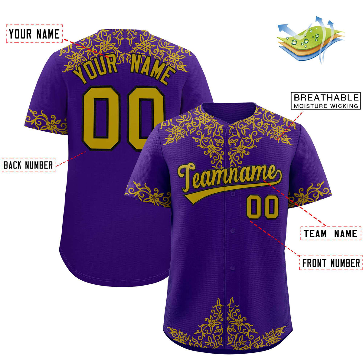 Custom Purple Old Gold Baroque Style Personalized Baseball Jersey Limited