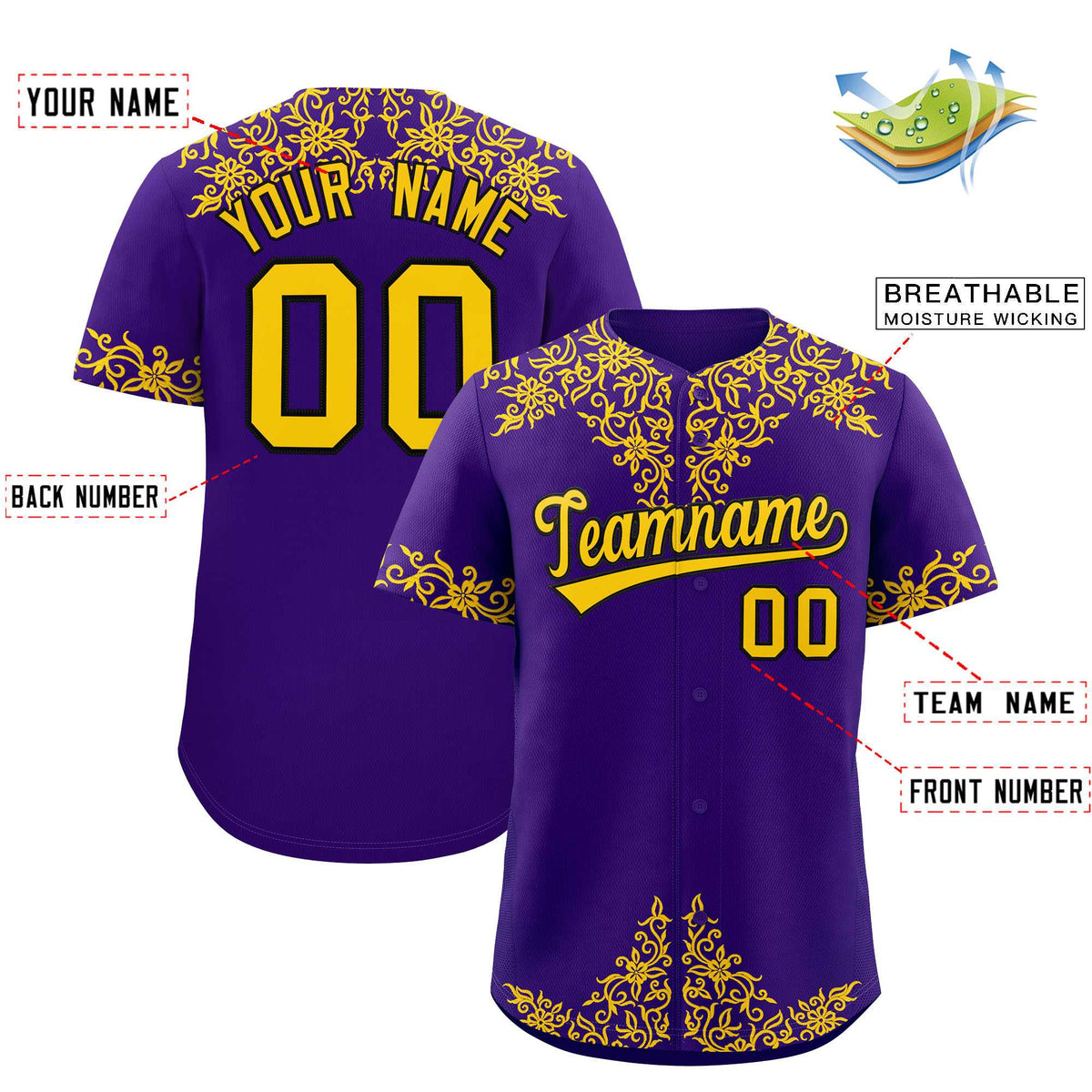 Custom Purple Gold Baroque Style Personalized Baseball Jersey Limited