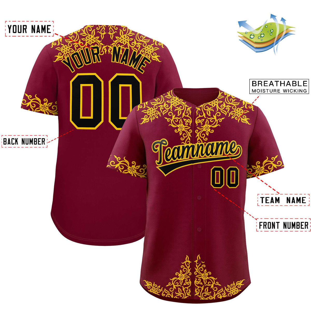 Custom Crimson Yellow Baroque Style Personalized Baseball Jersey Limited