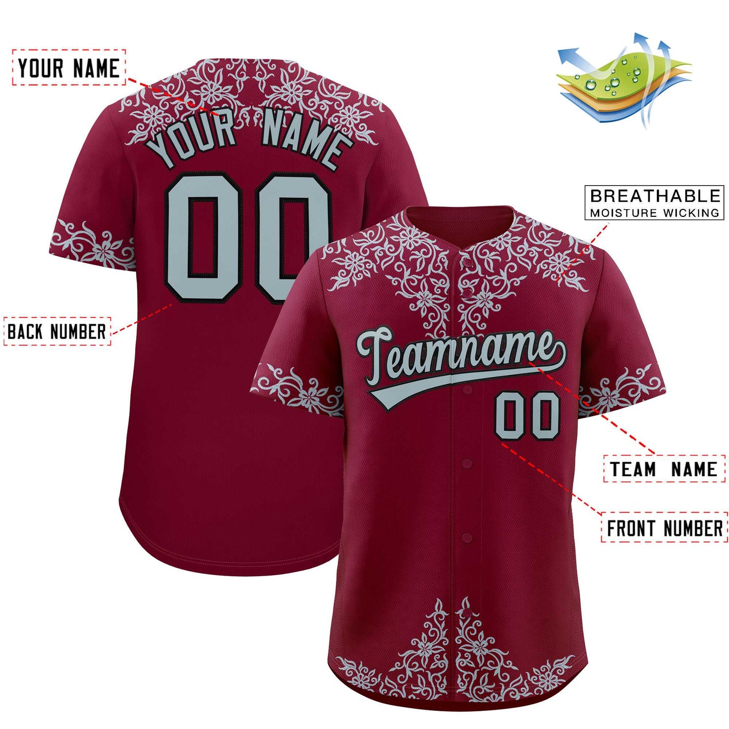 Custom Crimson Silver Baroque Style Personalized Baseball Jersey Limited