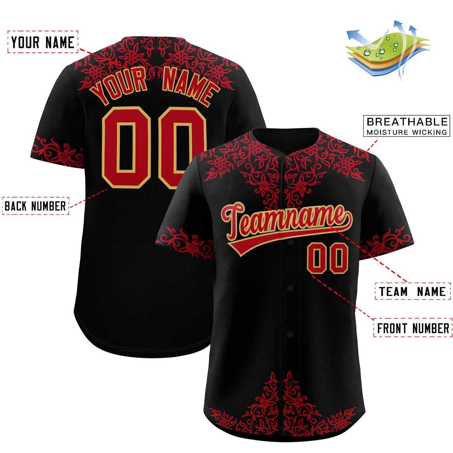 Custom Black Red Baroque Style Personalized Baseball Jersey Limited