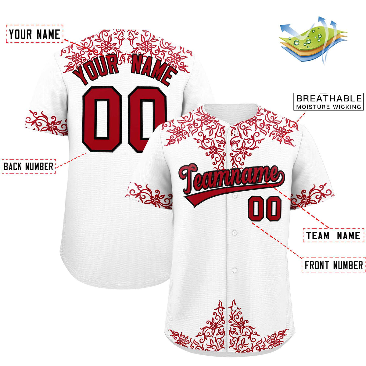 Custom White Red Baroque Style Personalized Baseball Jersey Limited