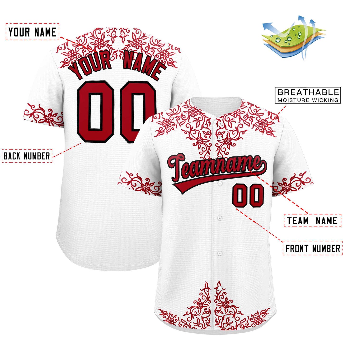 Custom White Red Baroque Style Personalized Baseball Jersey Limited