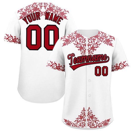 Custom White Red Baroque Style Personalized Baseball Jersey