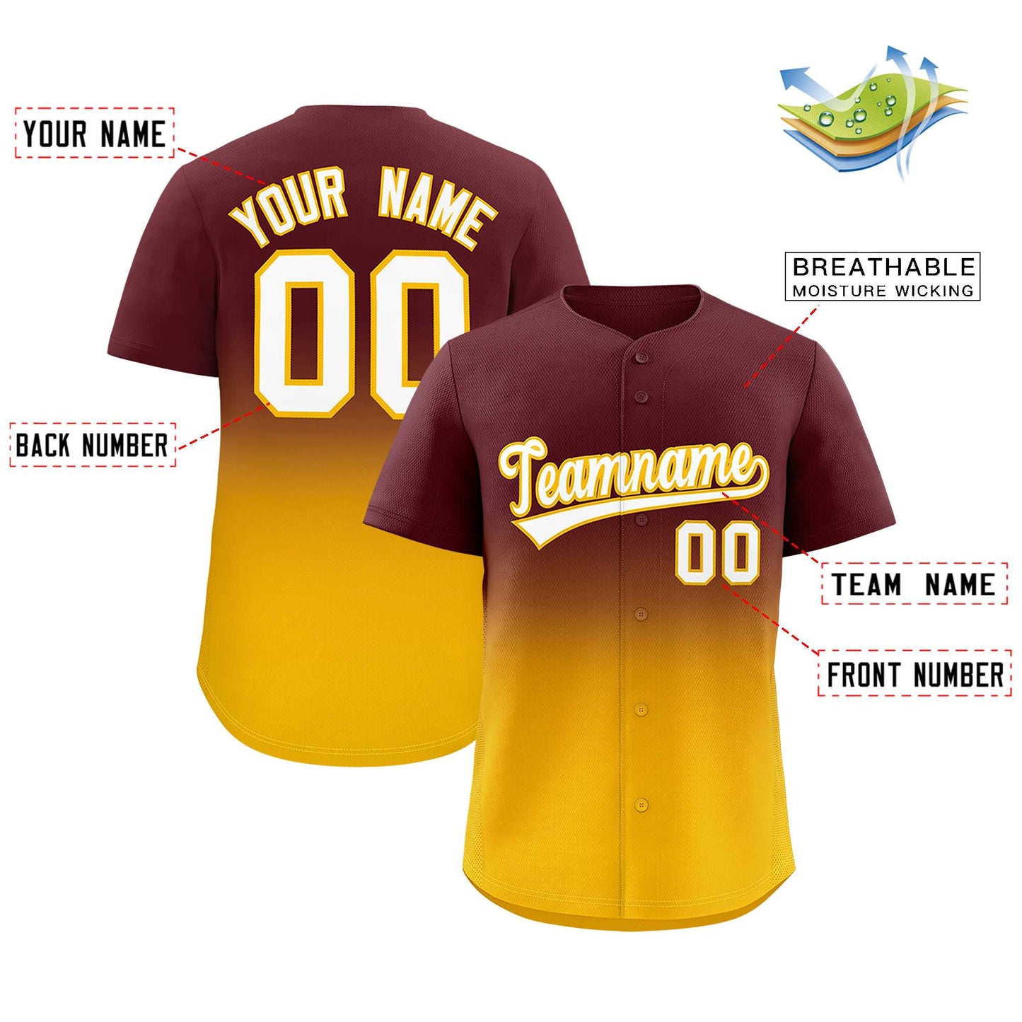 Custom Burgundy Yellow Gradient Fashion Authentic Baseball Jersey Limited