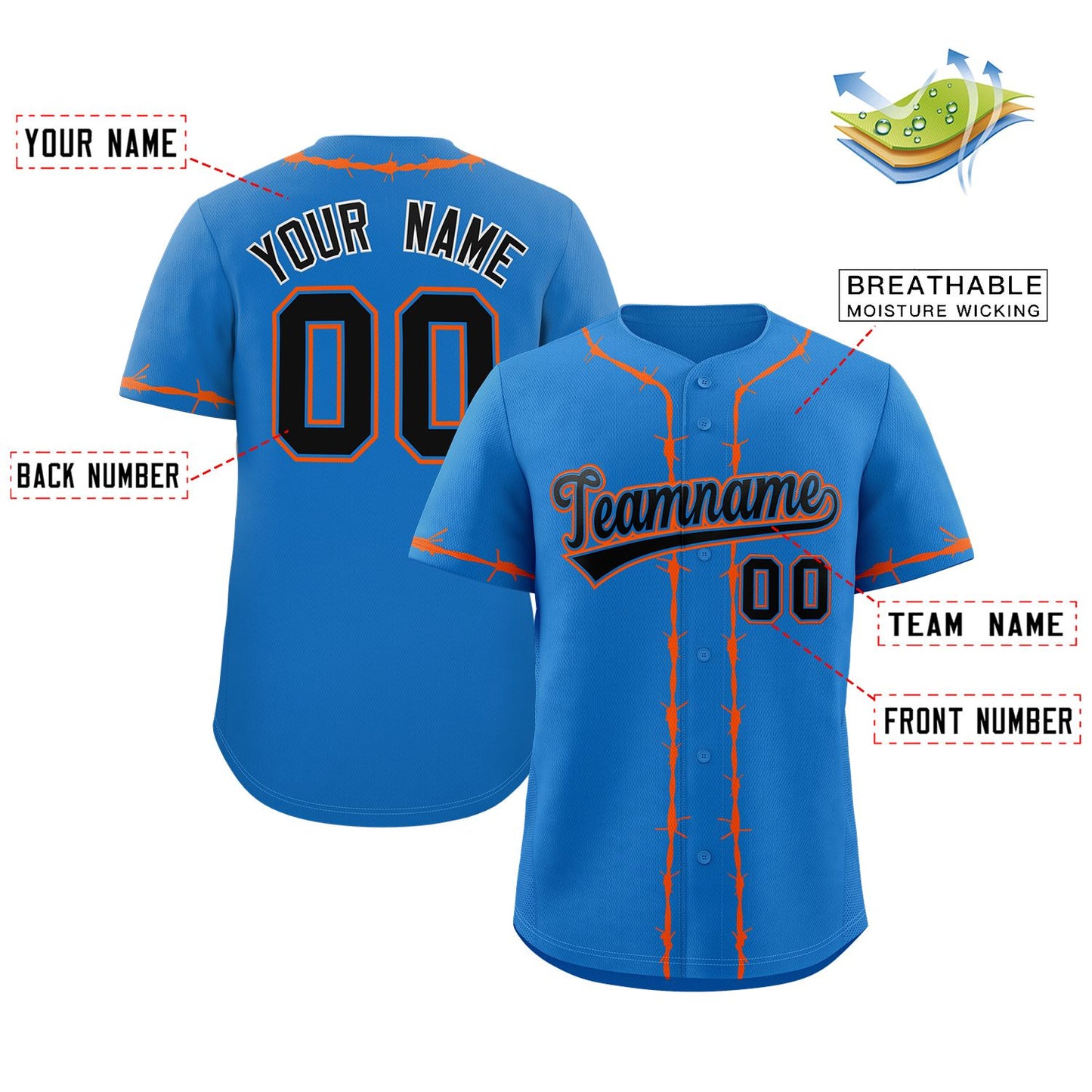 Custom Powder Blue Orange Thorns Ribbed Classic Style Authentic Baseball Jersey Limited
