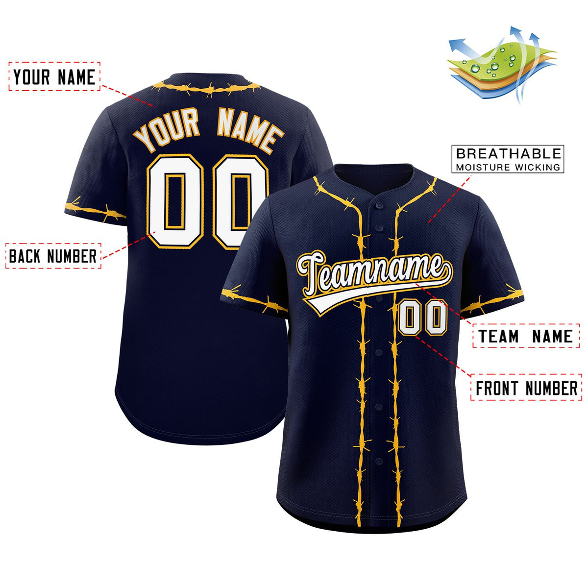 Custom Navy Gold Thorns Ribbed Classic Style Authentic Baseball Jersey Limited