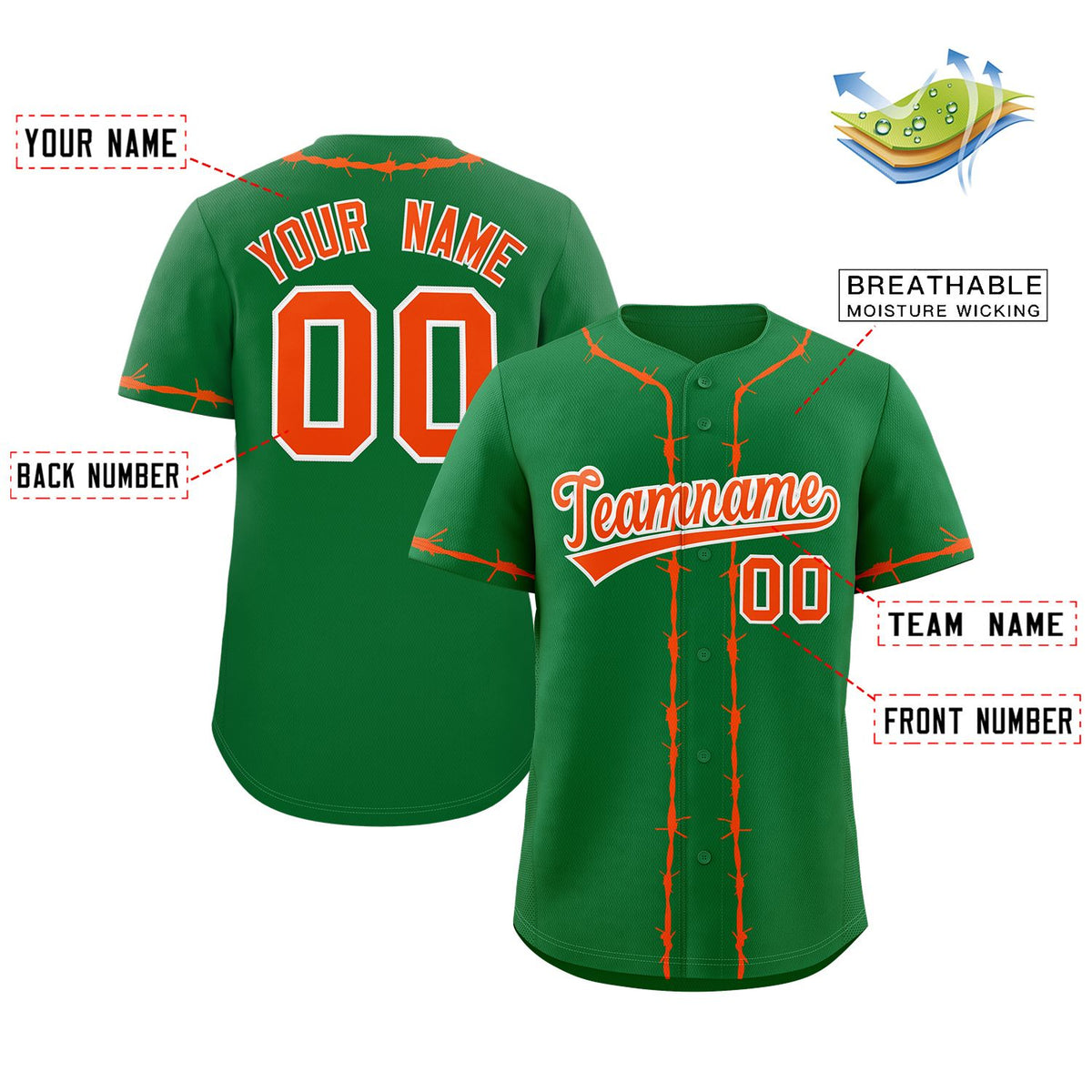 Custom Kelly Green Orange Thorns Ribbed Classic Style Authentic Baseball Jersey Limited