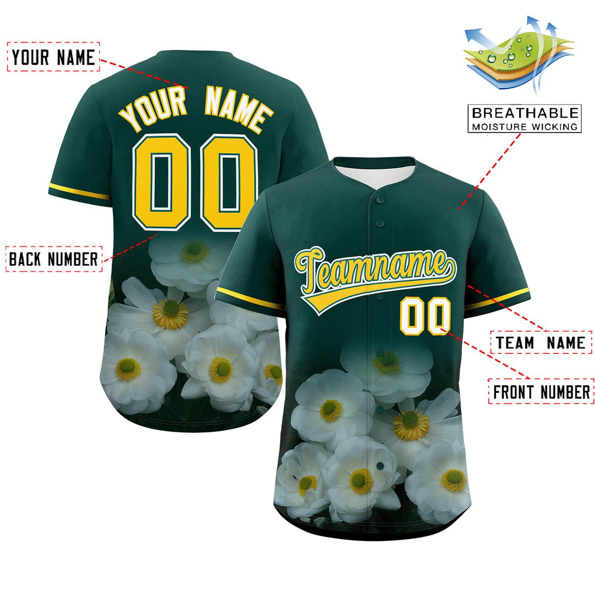 Custom Green Personalized 3D Flower Design Authentic Baseball Jersey Limited