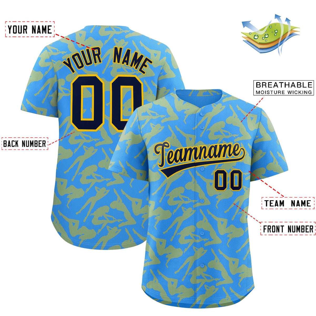 Custom Powder Blue Gold Playboy Graffiti Pattern Authentic Baseball Jersey Limited