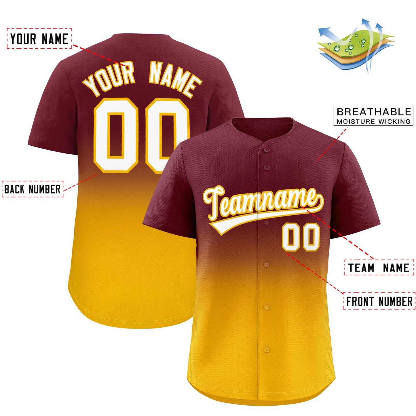 Custom Maroon Yellow Gradient Fashion Authentic Baseball Jersey Limited