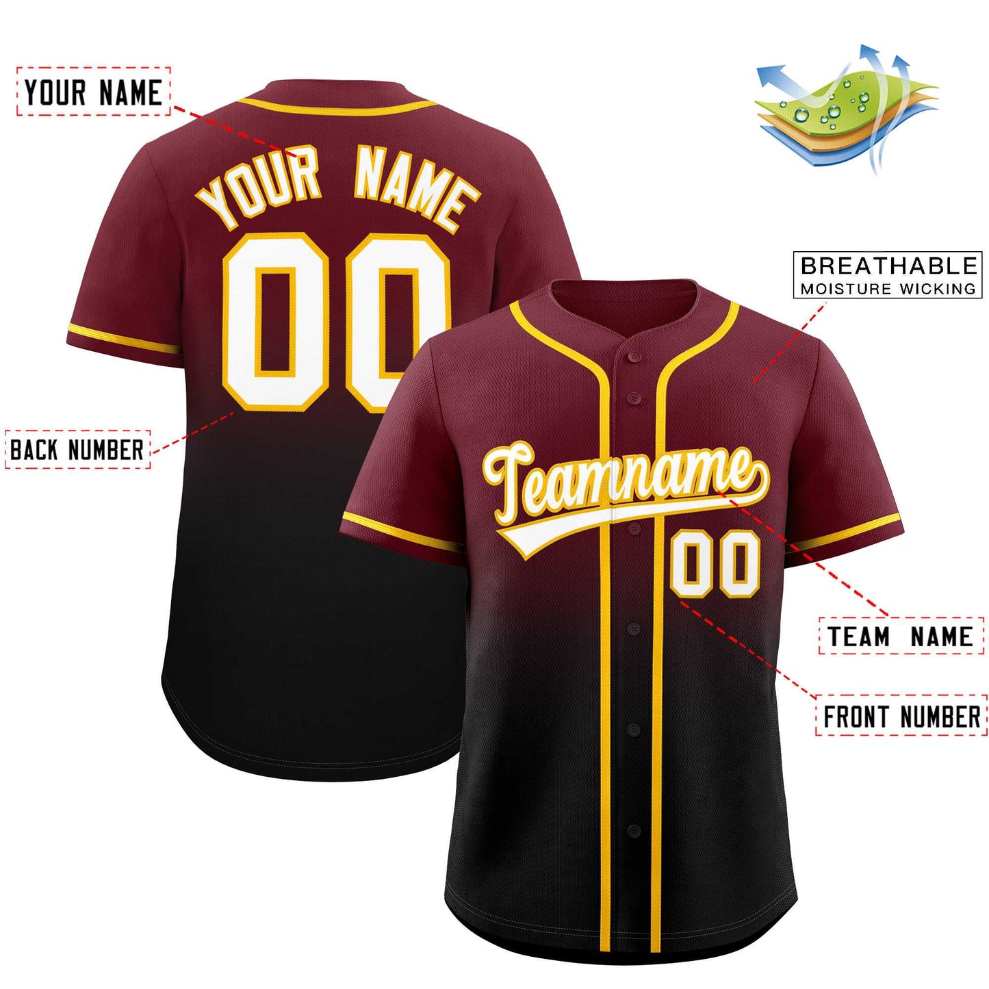 Custom Maroon Black Gradient Fashion Authentic Baseball Jersey Limited