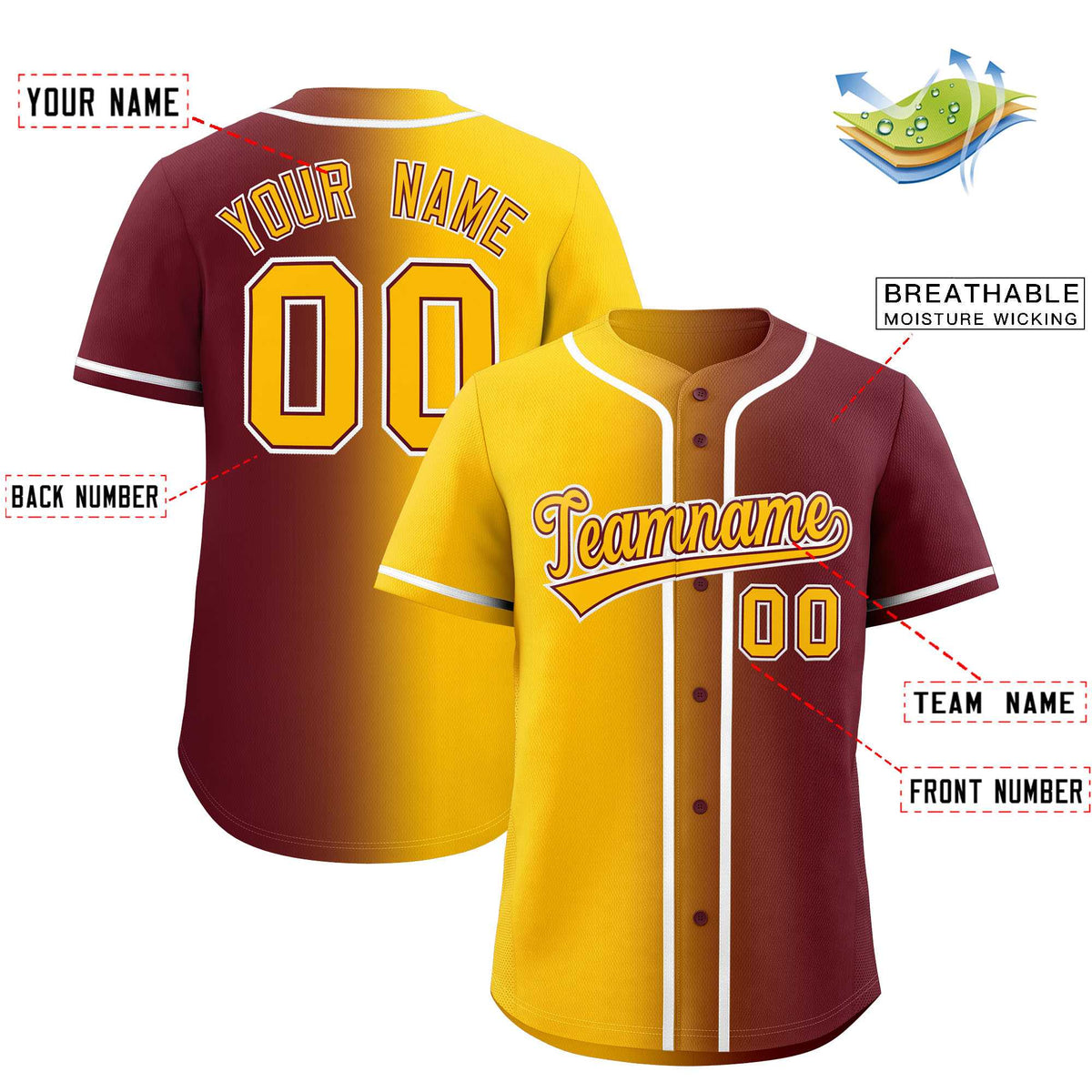 Custom Yellow Maroon Two Tone Gradient Fashion Authentic Baseball Jersey Limited