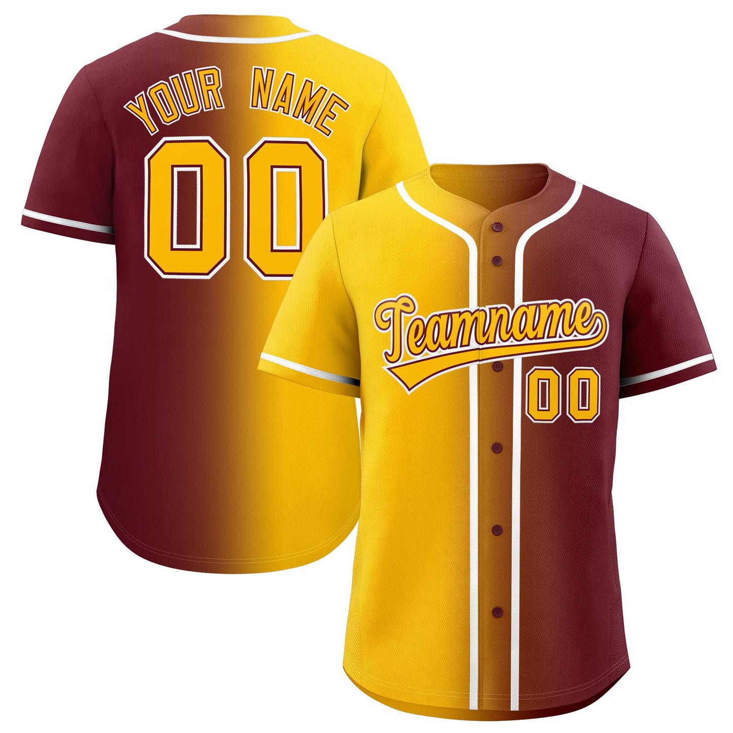 Custom Yellow Maroon Two Tone Gradient Fashion Authentic Baseball Jersey