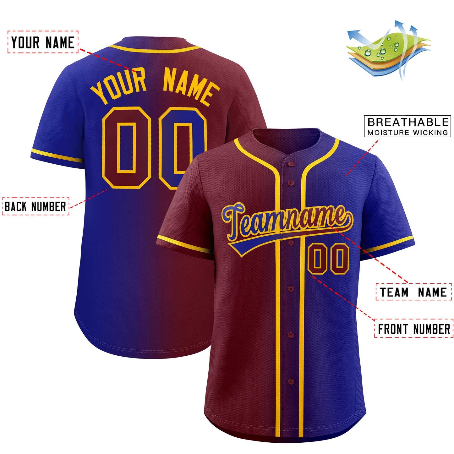 Custom Maroon Royal Two Tone Gradient Fashion Authentic Baseball Jersey Limited