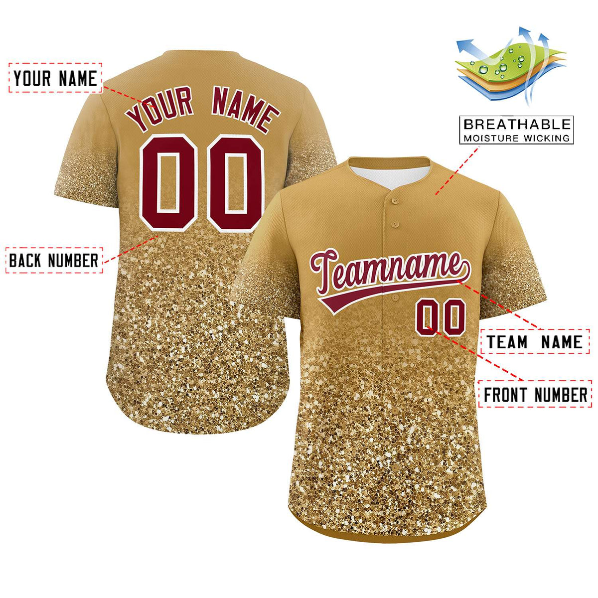 Custom Old Gold Crimson Sparkle-Effect Pattern Gradient Fashion Authentic Baseball Jersey Limited