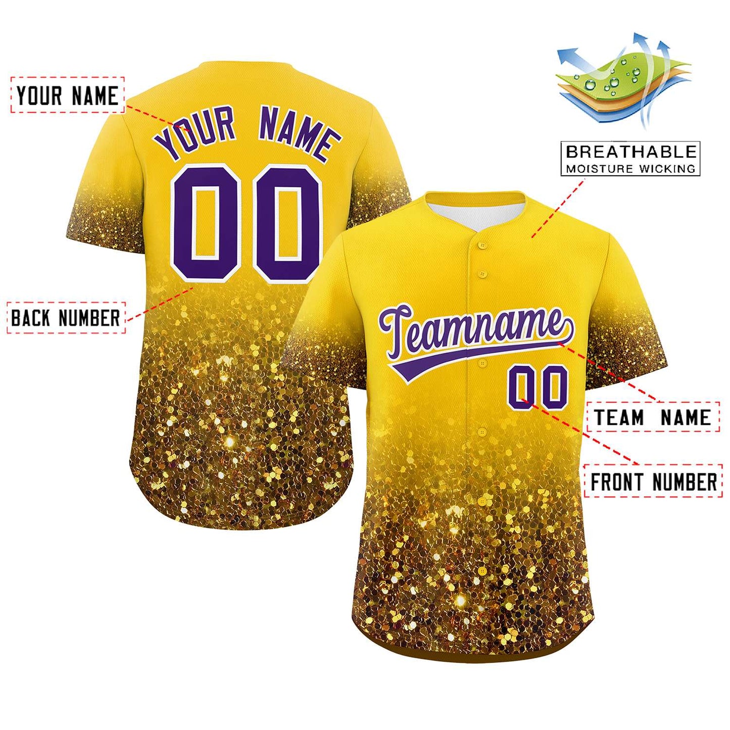 Custom Gold Purple Sparkle-Effect Pattern Gradient Fashion Authentic Baseball Jersey Limited