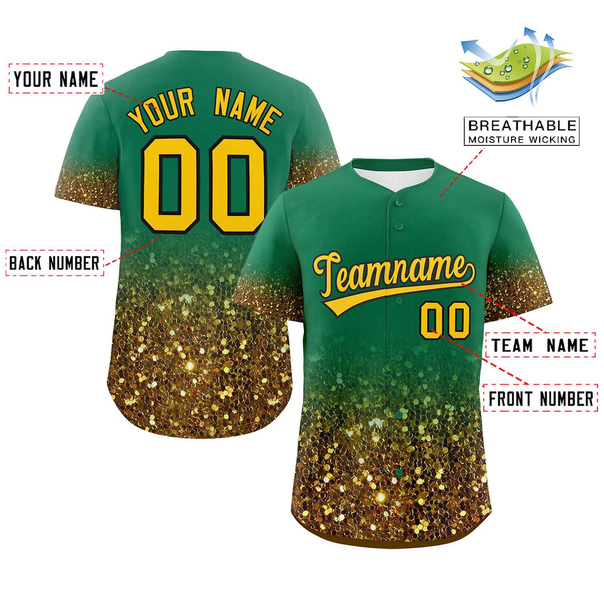 Custom Kelly Green Gold Sparkle-Effect Pattern Gradient Fashion Authentic Baseball Jersey Limited