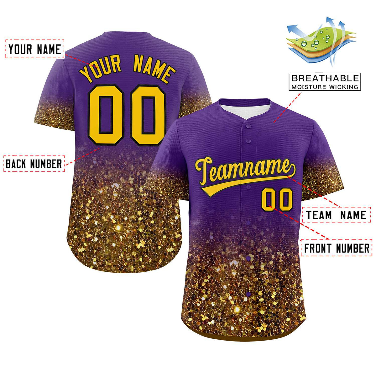 Custom Purple Gold Sparkle-Effect Pattern Gradient Fashion Authentic Baseball Jersey Limited