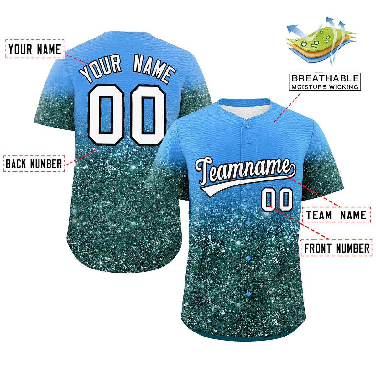 Custom Powder Blue White Sparkle-Effect Pattern Gradient Fashion Authentic Baseball Jersey Limited