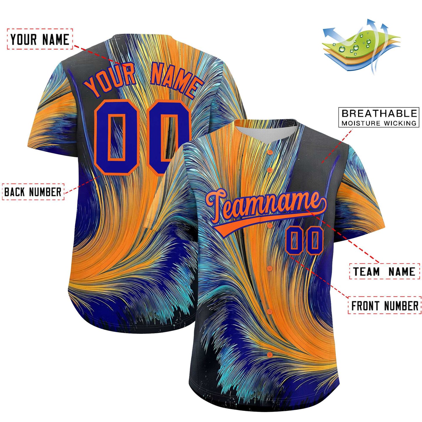 Custom Orange Royal Fluid Feather Graffiti Pattern Authentic Baseball Jersey Limited