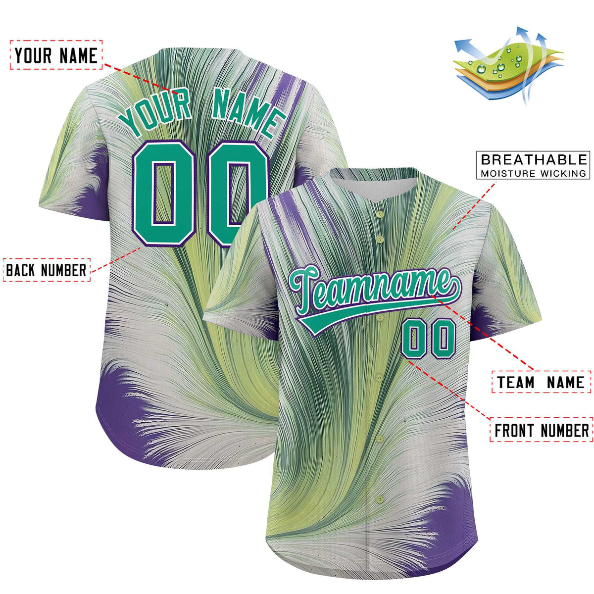 Custom Bright Green White Fluid Feather Graffiti Pattern Authentic Baseball Jersey Limited