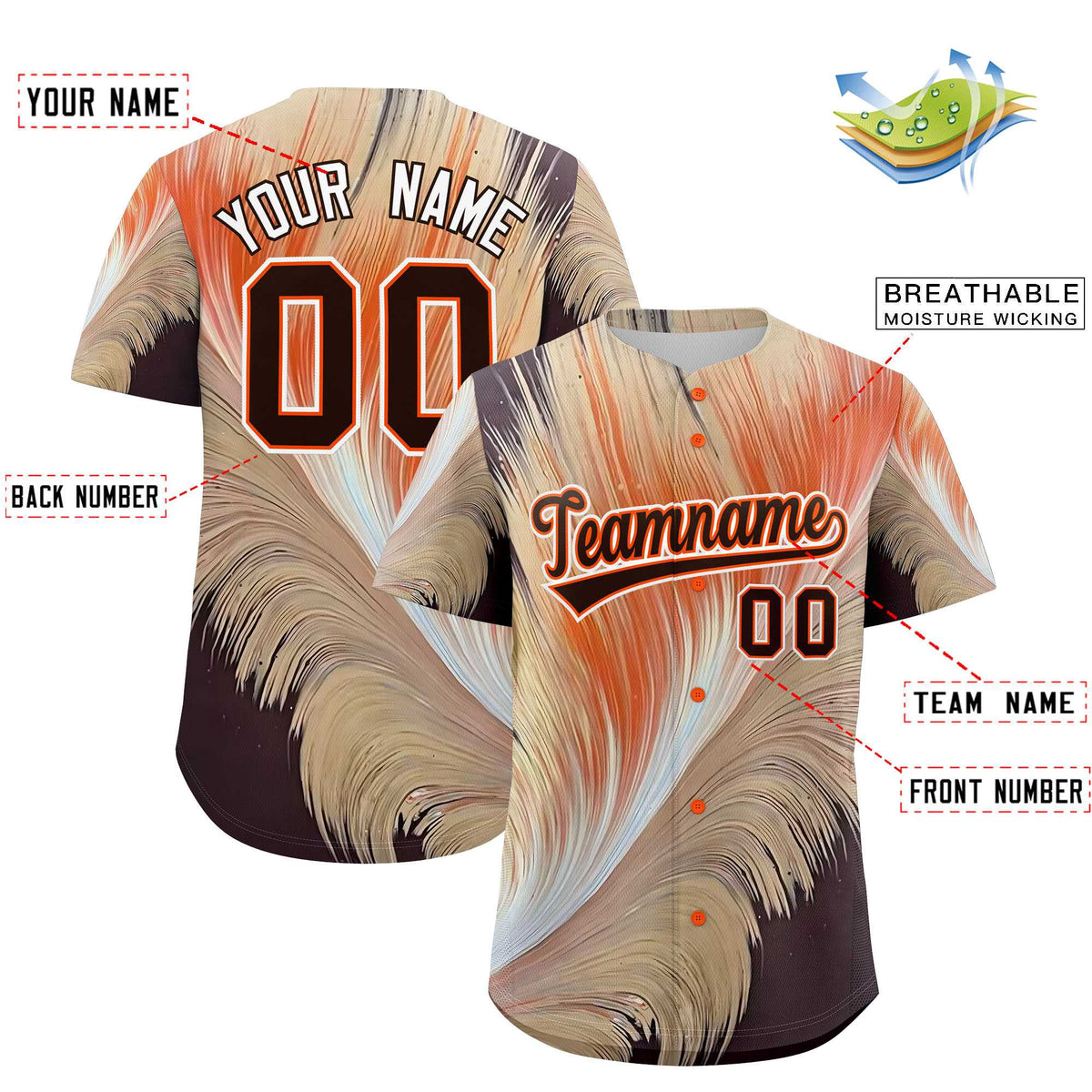 Custom Brown Orange Fluid Feather Graffiti Pattern Authentic Baseball Jersey Limited