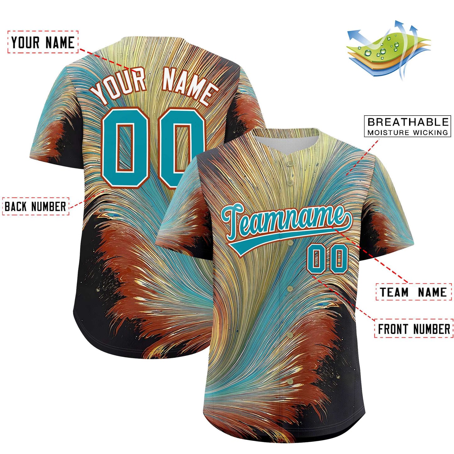 Custom Aqua White Fluid Feather Graffiti Pattern Authentic Baseball Jersey Limited