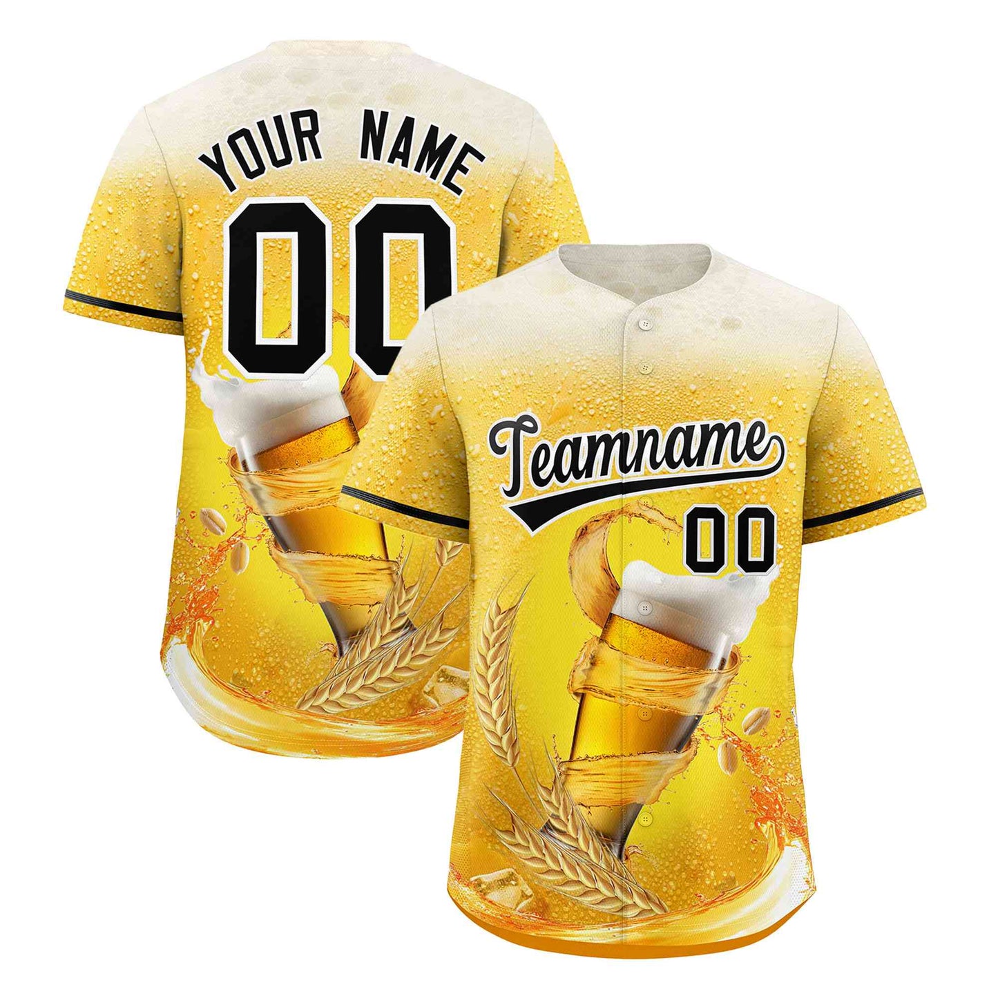 Custom Gold Black National Beer Day Personalized Beer Pattern Baseball Jersey