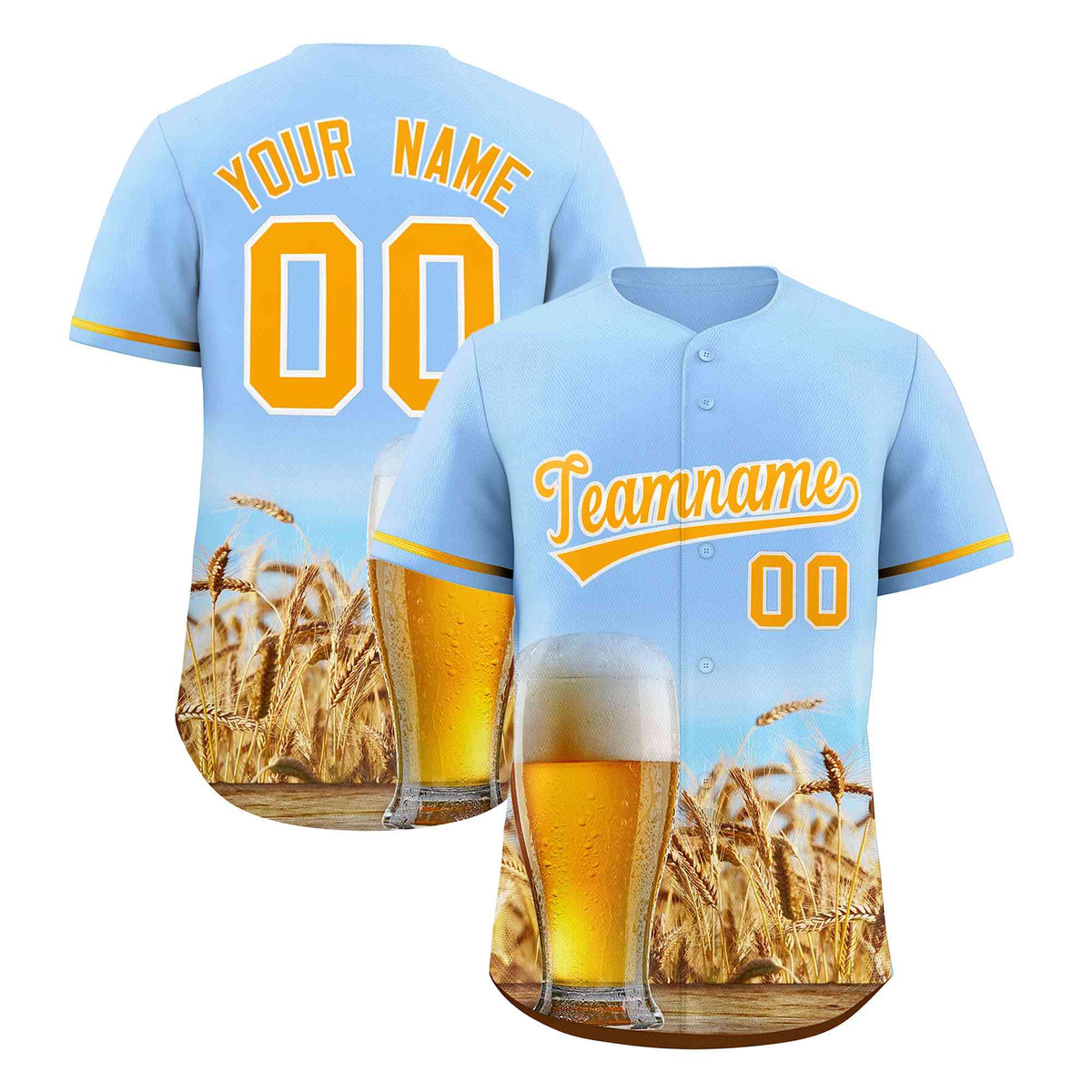 Custom Light Blue Gold National Beer Day Personalized Beer Pattern Baseball Jersey