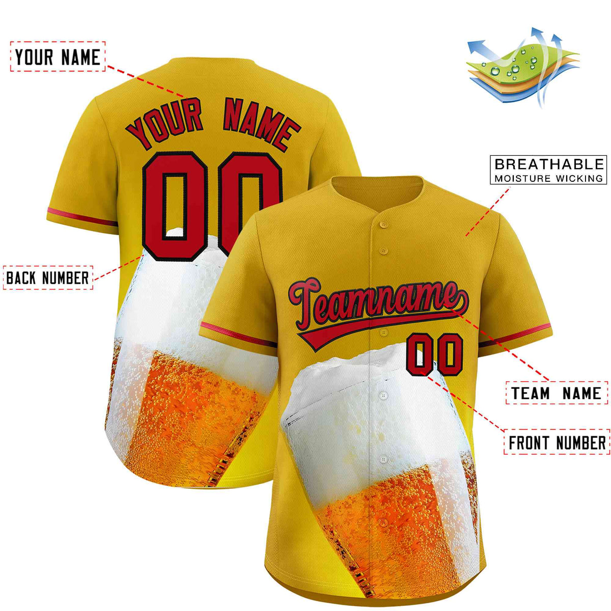 Custom Old Gold Red National Beer Day Personalized Beer Pattern Baseball Jersey Limited