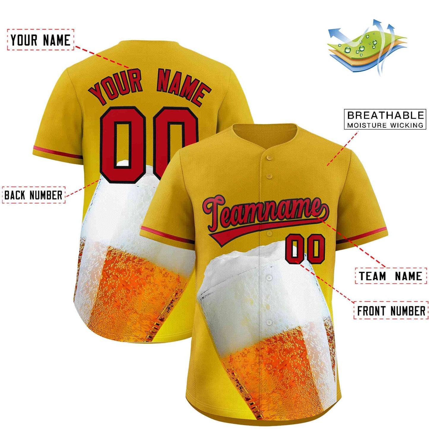 Custom Old Gold Red National Beer Day Personalized Beer Pattern Baseball Jersey Limited