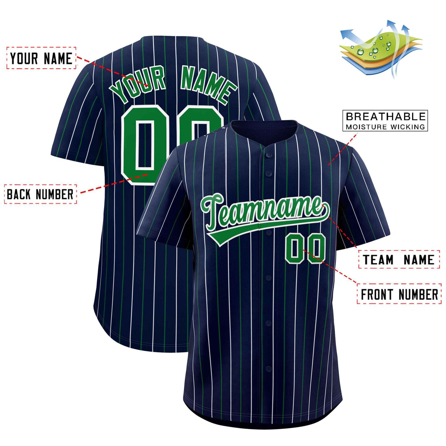 Custom Navy Kelly Green and White Bi-Color Stripes Fashion Authentic Baseball Jersey Limited