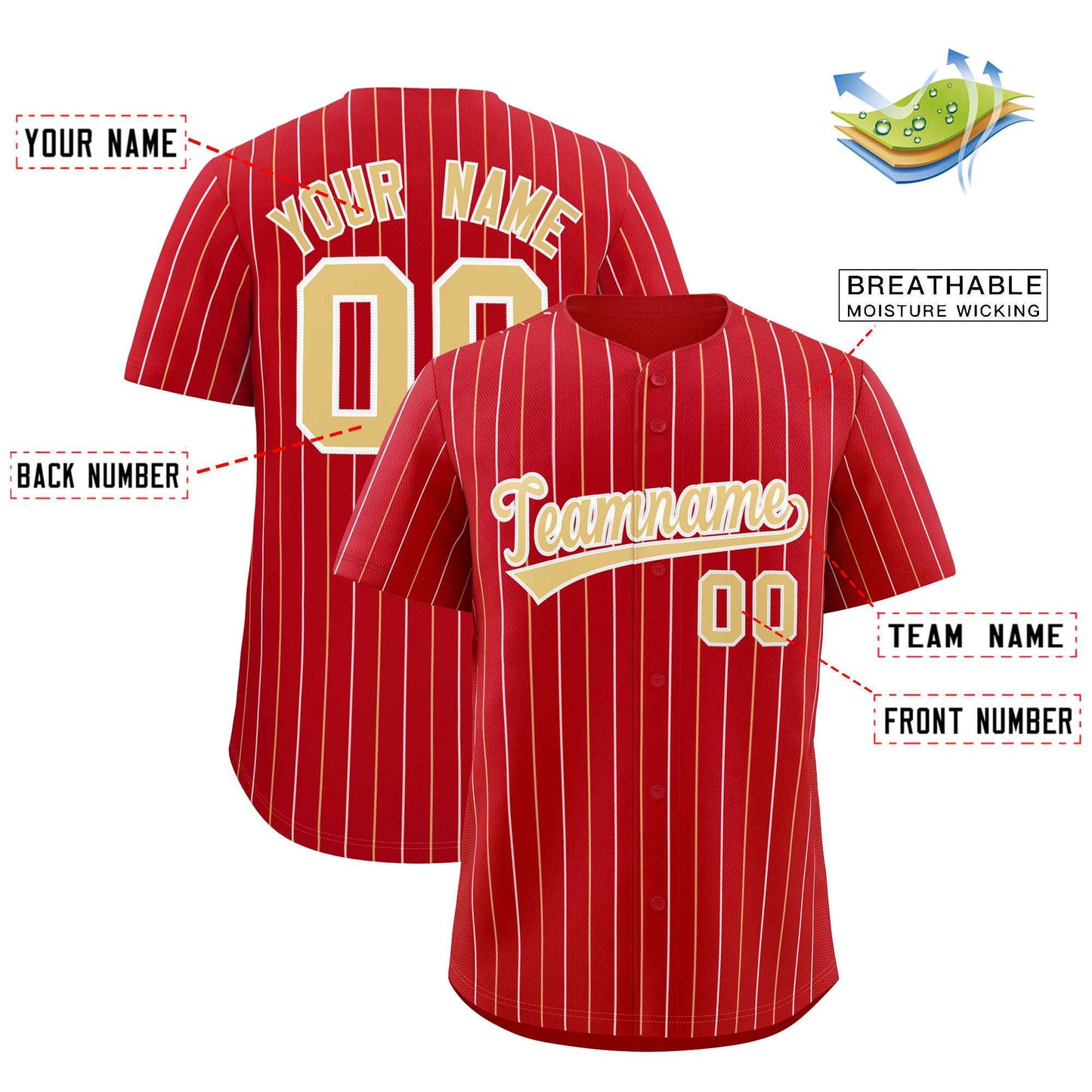 Custom Red Khaki and White Bi-Color Stripes Fashion Authentic Baseball Jersey Limited