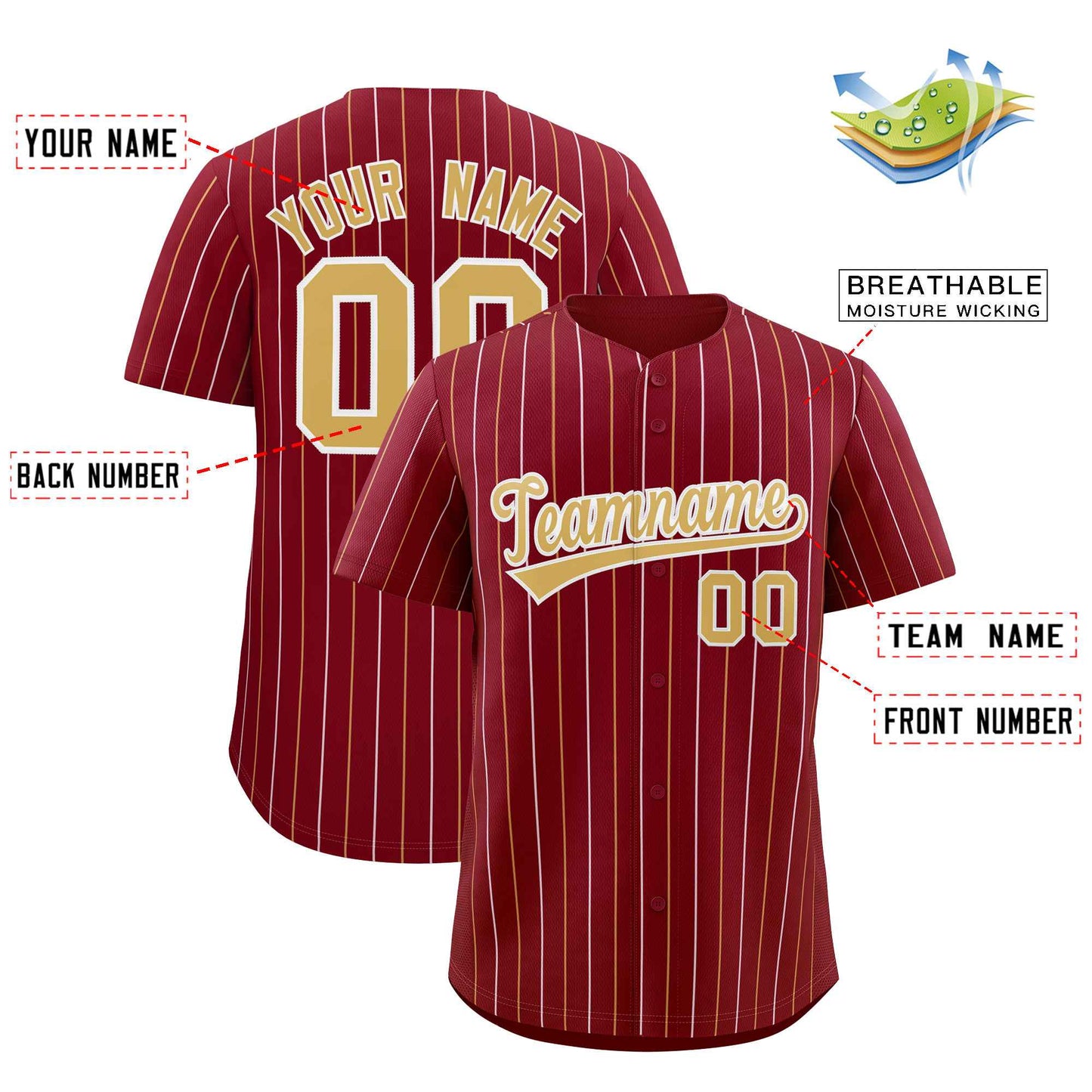 Custom Crimson Old Gold and White Bi-Color Stripes Fashion Authentic Baseball Jersey Limited