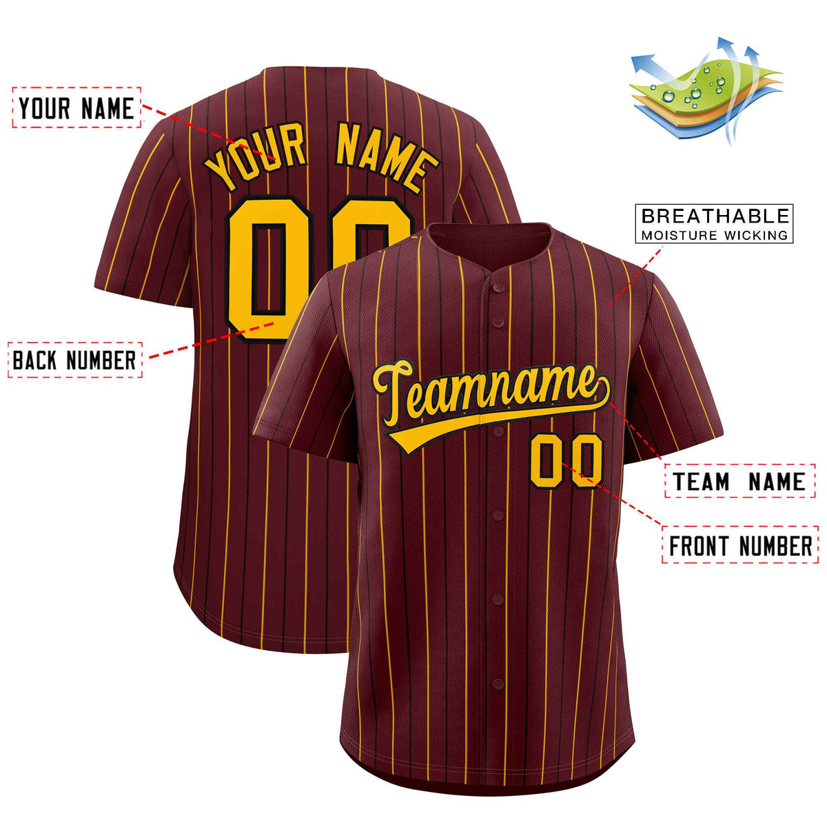 Custom Burgundy Gold and Black Bi-Color Stripes Fashion Authentic Baseball Jersey Limited