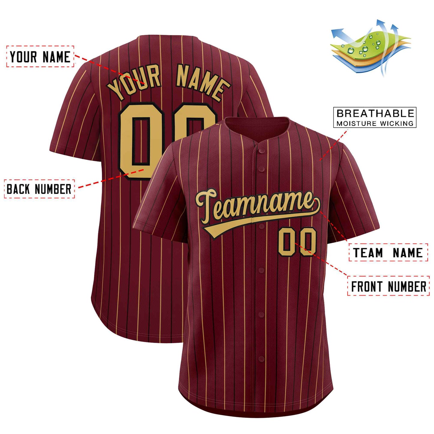Custom Burgundy Old Gold and Black Bi-Color Stripes Fashion Authentic Baseball Jersey Limited