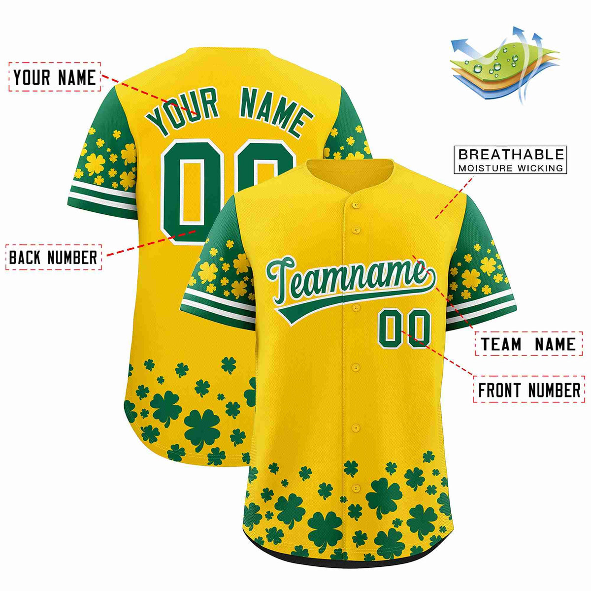 Custom Gold Kelly Green St.Patrick's Day Personalized Four Leaf Clover Pattern Baseball Jersey Limited